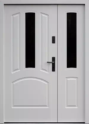 Drzwi dwuskrzydłowe drewniane zewnętrzne wzór wzór 907,1 w kolorze białe.