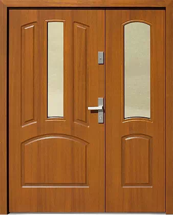 Drzwi dwuskrzydłowe drewniane zewnętrzne wzór 907,2 w kolorze złoty dąb.