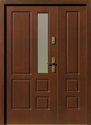 Drzwi dwuskrzydłowe drewniane zewnętrzne wzór 909,2 w kolorze orzech.