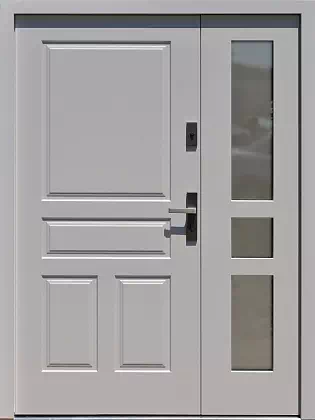 Drzwi dwuskrzydłowe drewniane zewnętrzne wzór 913,1 w kolorze mahoń.