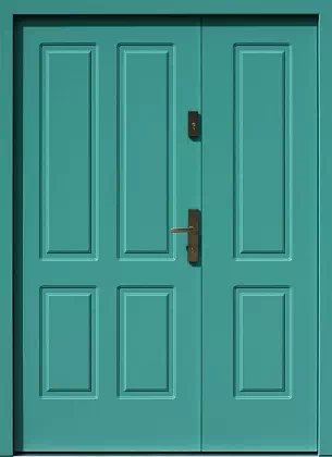 Drzwi dwuskrzydłowe drewniane zewnętrzne wzór wzór 913,3 w kolorze turkusowe.