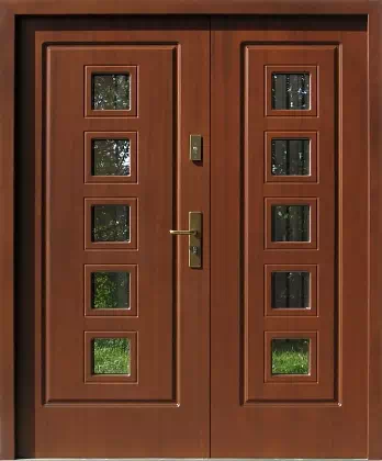 Drzwi dwuskrzydłowe drewniane zewnętrzne wzór 919,1 w kolorze orzech.
