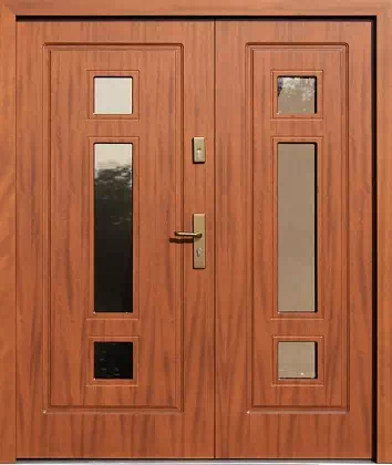 Drzwi dwuskrzydłowe drewniane zewnętrzne wzór 919,2 w kolorze dąb ciemny.