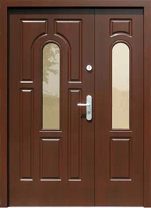 Drzwi dwuskrzydłowe drewniane zewnętrzne wzór 924,1 w kolorze orzech.