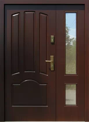 Drzwi dwuskrzydłowe drewniane zewnętrzne wzór 926,1 w kolorze orzech ciemny.