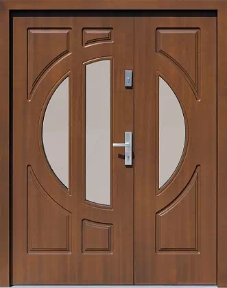 Drzwi dwuskrzydłowe drewniane zewnętrzne wzór 928,1 w kolorze orzech.