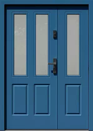 Drzwi dwuskrzydłowe drewniane zewnętrzne wzór wzór 953,1 w kolorze niebieskie.