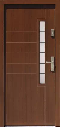 Drzwi zewnętrzne nowoczesne do domu wzór 450,1+ds1 w kolorze orzech.