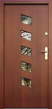 Drzwi zewnętrzne nowoczesne do domu wzór 605,5 w kolorze teak.