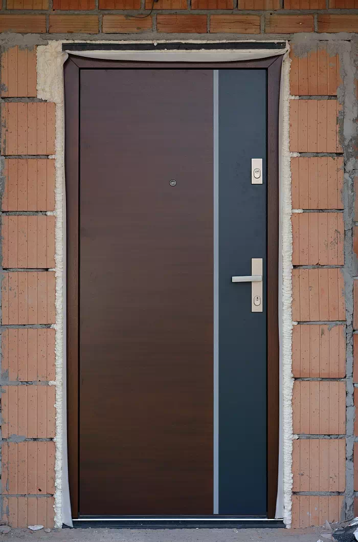 Widok elewacji domu z zamontowanymi drzwiami wzór 430,5B wymalowanymi w kolorze orzech + antracyt.